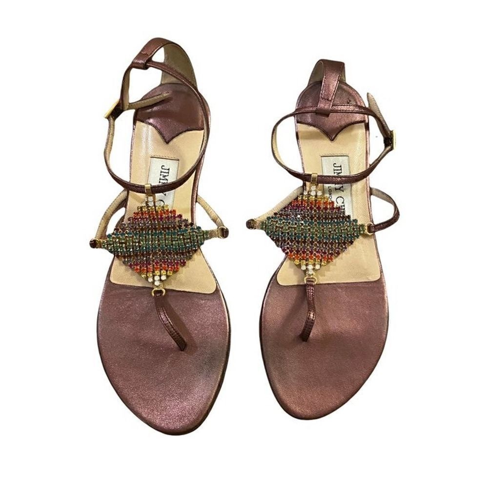 Jimmy Choo Bronze Leather Sandals with Rainbow Jewels Size 35